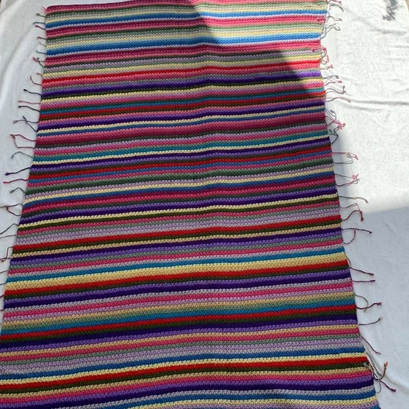 Vintage Handmade Crochet Knit Rainbow Afghan Blanket Fringe “Granny Square” - Picture 8 of 9